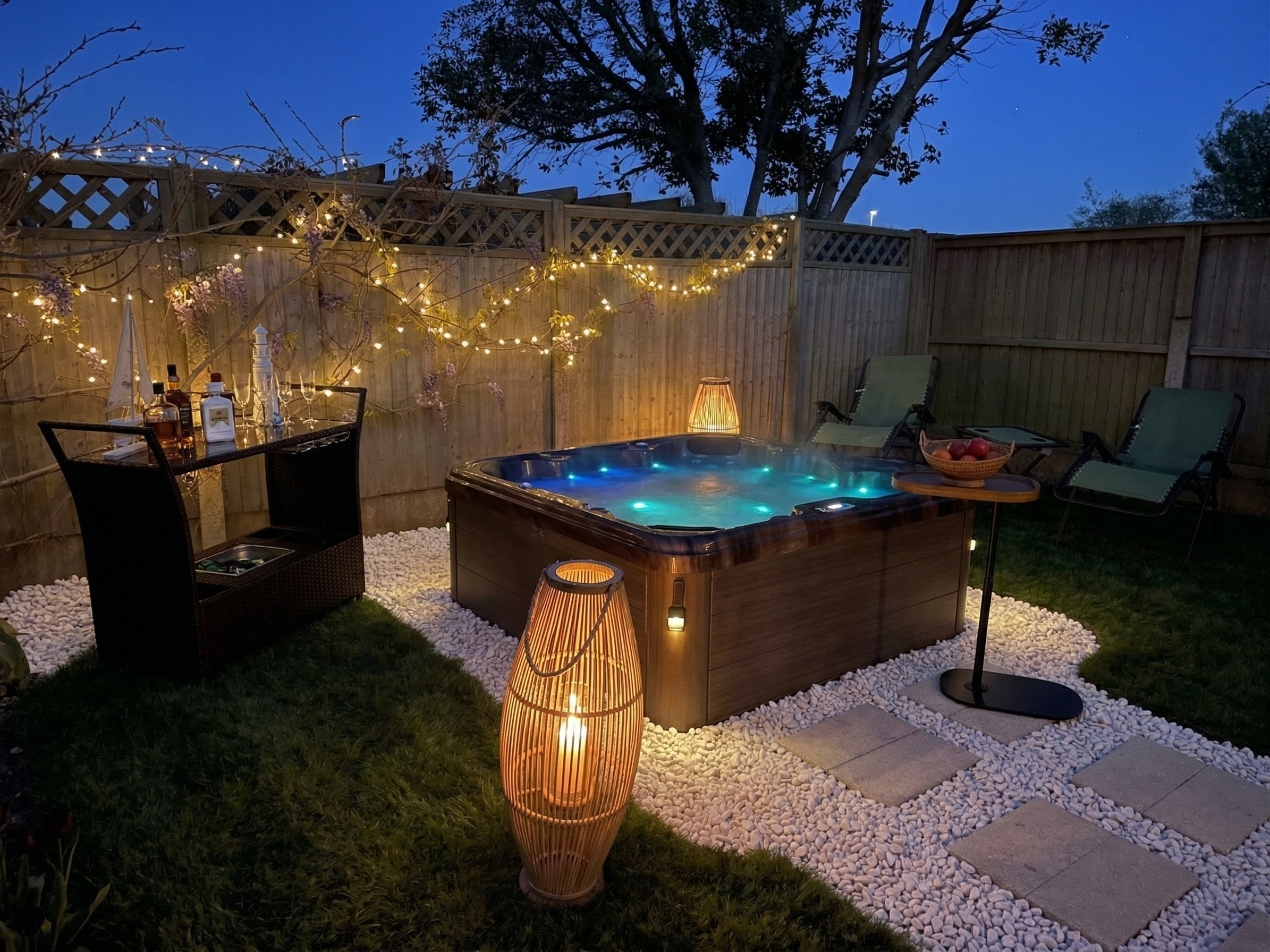 Jacuzzi and garden relaxation area, softly lit for evening unwinding.